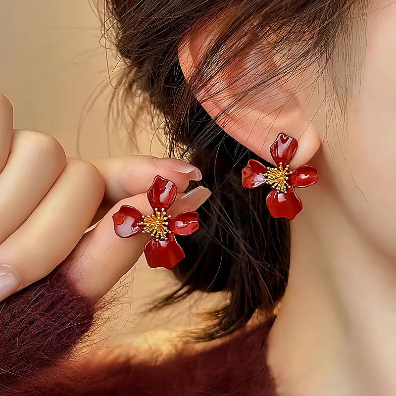 14K Gold-Plated Elegant Red Petal Flower Earrings - elegant Red Flower Earrings