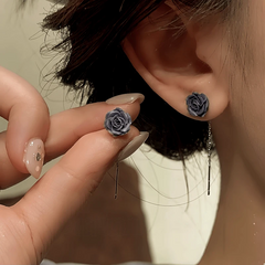 14K Gold-Plated Elegant Resin Black Flower Threader Earrings - elegant Black Flower Threader Earrings