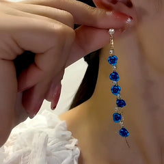 14K Gold-Plated Elegant Rhinestone Blue Rose Tassel Earrings - elegant Blue Rose Tassel Earrings