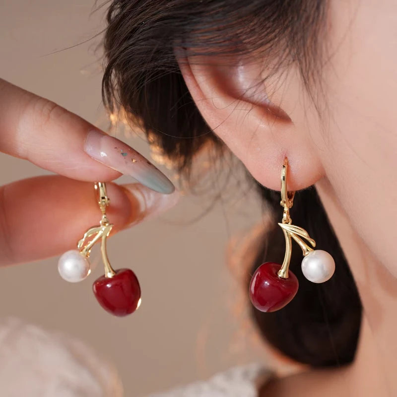 14K Gold-Plated Elegant Rich Style Cherry And Pearl Earrings - elegant Cherry and Pearl Earrings