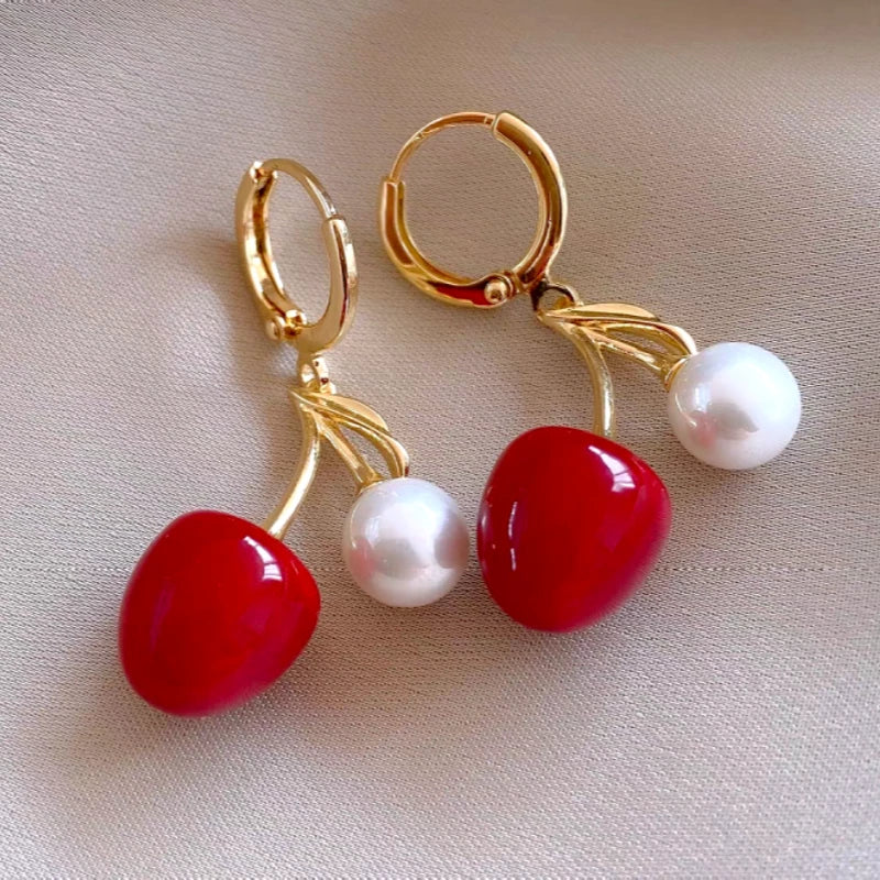 Close-up detail of the sparkling zircons and plating on the Cherry and Pearl Earrings