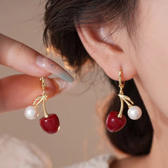 14K Gold-Plated Elegant Rich Style Cherry And Pearl Earrings - elegant Cherry and Pearl Earrings