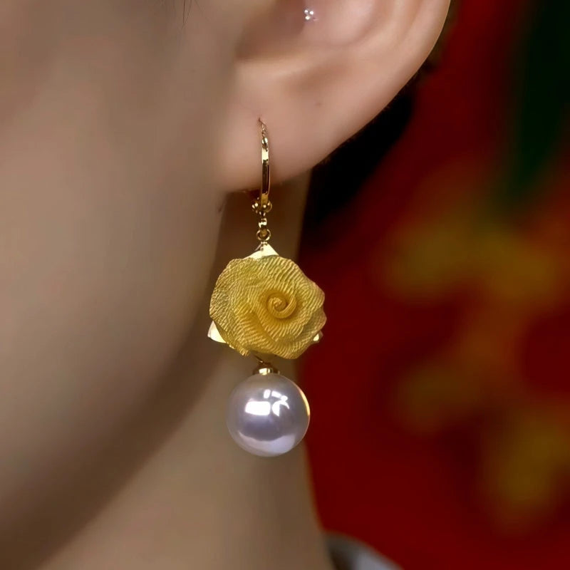 Close-up detail of the sparkling zircons and plating on the Rose Pearl Earrings