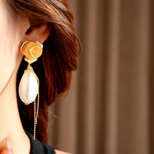 14K Gold-Plated Elegant Rose Pearl Tassel Earrings - elegant Rose Pearl Earrings