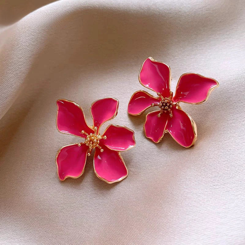Angled view of the 14K Gold-Plated Elegant Rose Pink Flower Earrings
