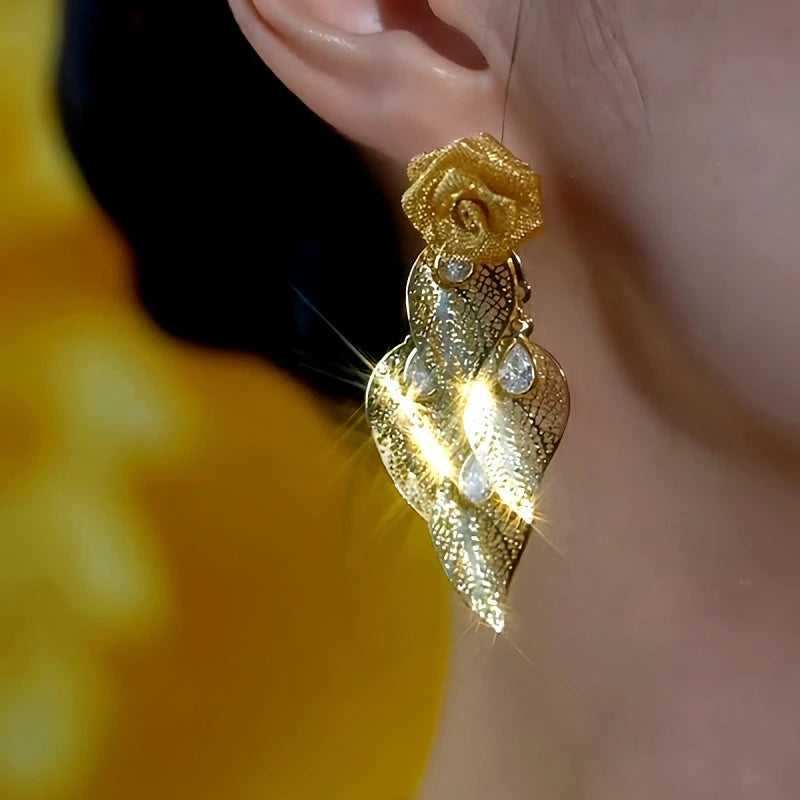 14K Gold-Plated Elegant Rose Zircon Feather Tassel Earrings - elegant Feather Tassel Earrings