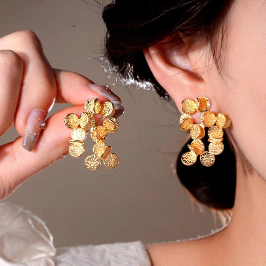 14K Gold-Plated Elegant Round Pattern Leaf Tassel Earrings - elegant Leaf Tassel Earrings