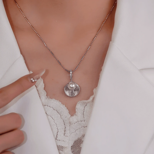14K Gold-Plated Elegant Shell Pearl Necklace worn to showcase its length and pendant detail
