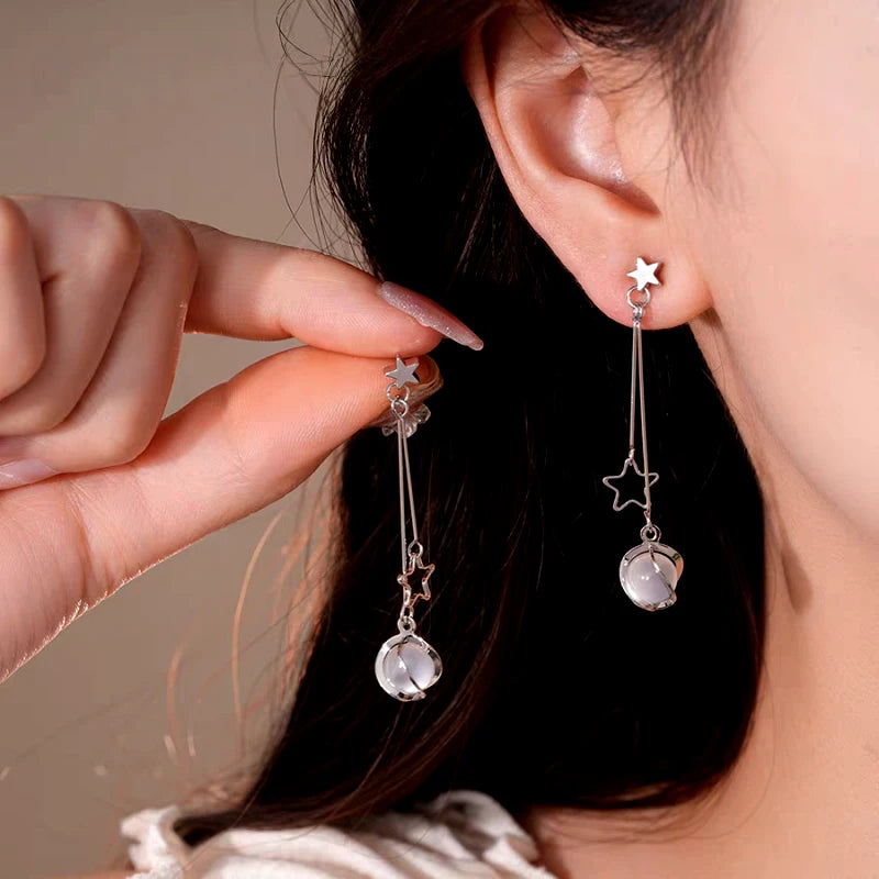 14K Gold-Plated Elegant Star Cat's Eye Bead Tassel Earrings - elegant Star Tassel Earrings