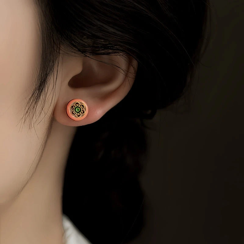 Close-up detail of the sparkling zircons and plating on the Colorful Stud Earrings