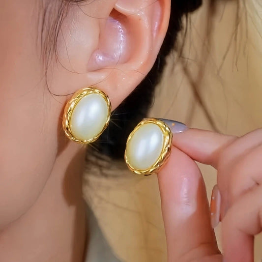14K Gold-Plated Elegant Textured Geometric Oval Pearl Stud Earrings - elegant Oval Pearl Studs