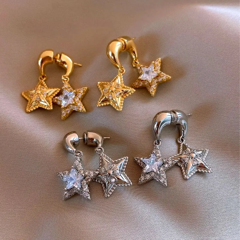 Close-up detail of the sparkling zircons and plating on the Multi-Layer Star Earrings