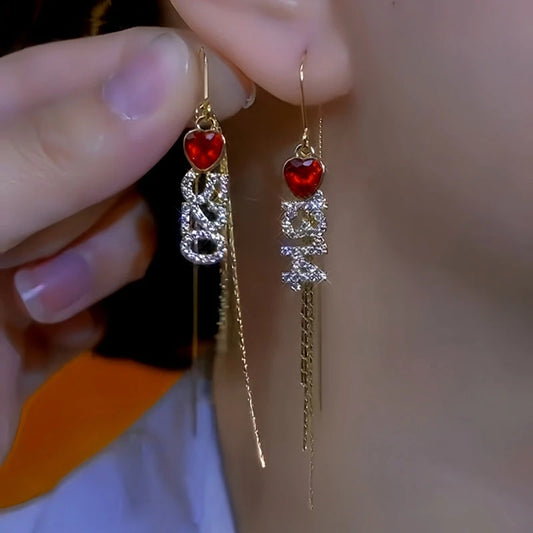 14K Gold-Plated Elegant Valentine's Day Gift Red Heart Diamond Number Threader Earrings - elegant Red Heart Threaders