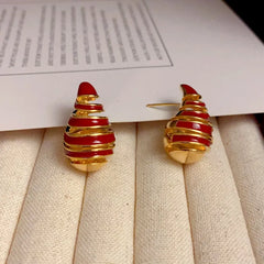 Angled view of the 14K Gold-Plated Elegant Water Drop Oil Spiral Earrings