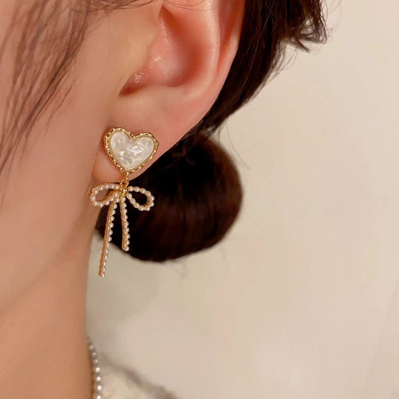 14K Gold-Plated Elegant White Crystal Heart Bow Tassel Earrings - elegant Heart Bow Earrings