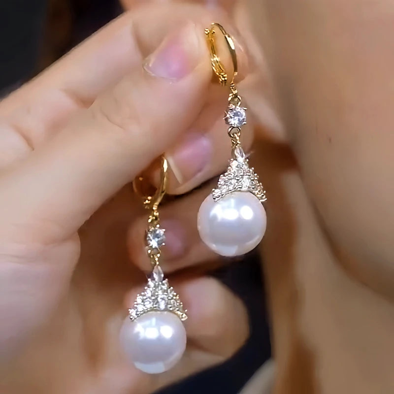 14K Gold-Plated Elegant White Pearl Zircon Crown Earrings - elegant Crown Pearl Earrings