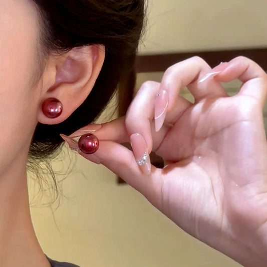 14K Gold-Plated Elegant Wine Red Bead Stud Earrings - elegant Red Bead Studs
