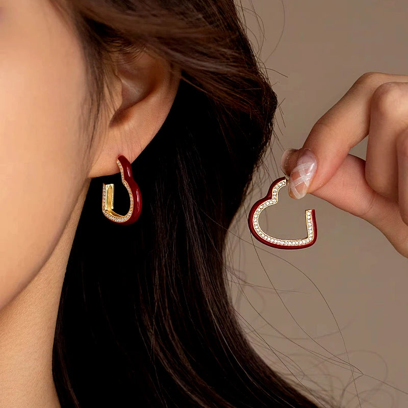14K Gold-Plated Elegant Wine Red Glaze Heart Earrings - elegant Red Heart Earrings