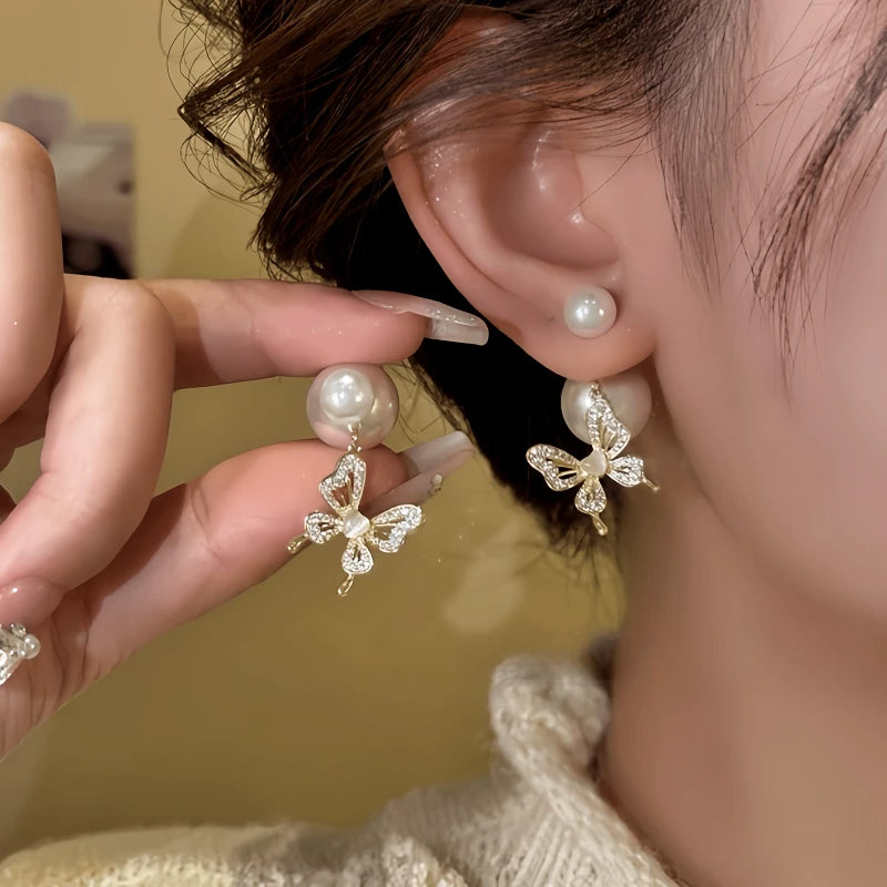 14K Gold-Plated Elegant Zircon Bead Butterfly Earrings - elegant Butterfly Jacket Earrings