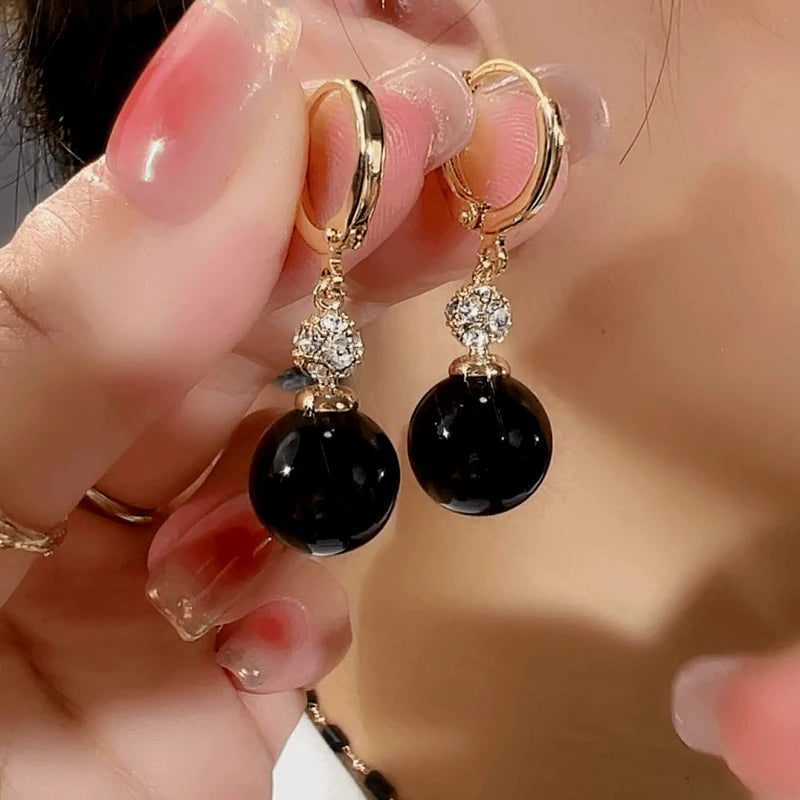 14K Gold-Plated Elegant Zircon Black Bead Earrings - elegant Black Bead Earrings
