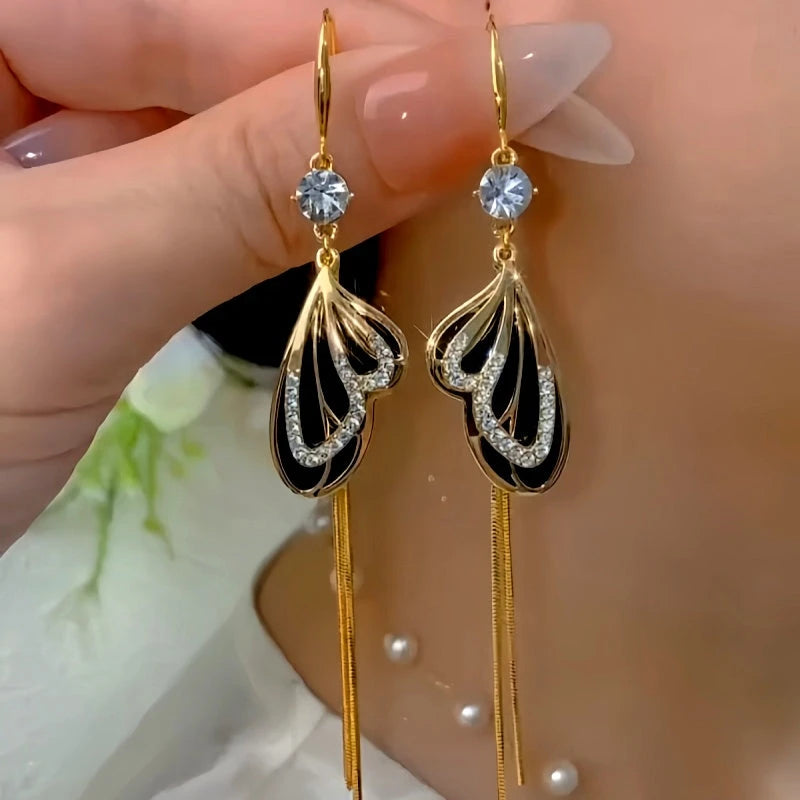 14K Gold-Plated Elegant Zircon Black Butterfly Tassel Ear Hook Earrings - elegant Butterfly Ear Hooks