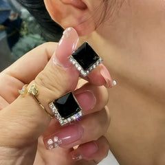 14K Gold-Plated Elegant Zircon Black Crystal Earrings - elegant Black Crystal Studs