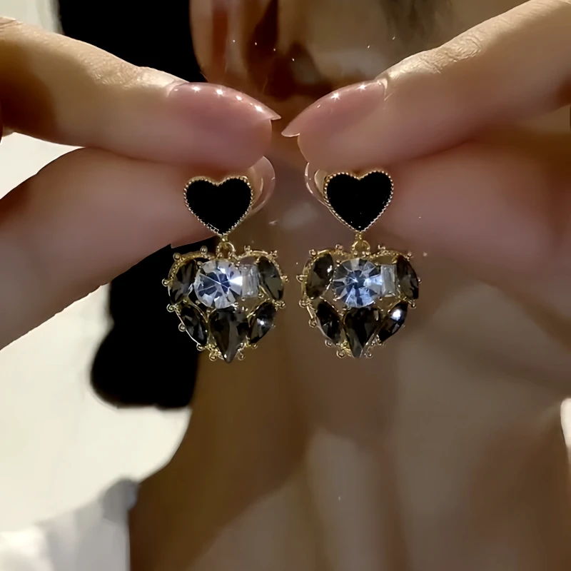 14K Gold-Plated Elegant Zircon Black Diamond  Heart Earrings - elegant Black Heart Earrings