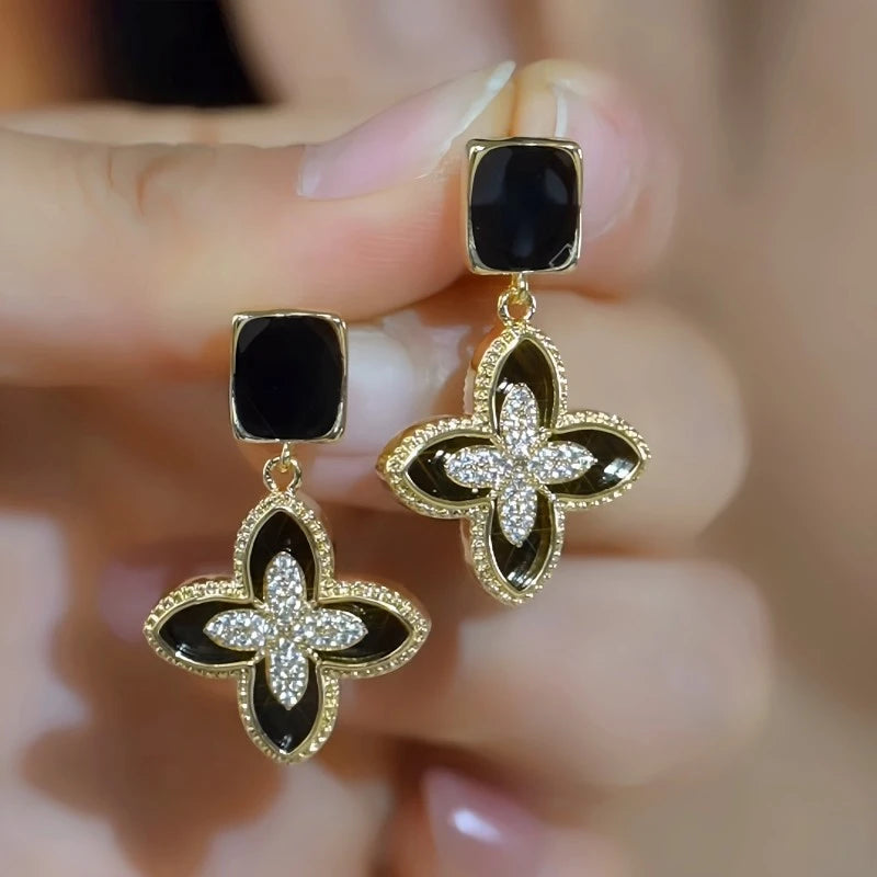 14K Gold-Plated Elegant Zircon Black Four-Leaf Flower Earrings - elegant Black Clover Earrings