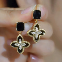 14K Gold-Plated Elegant Zircon Black Four-Leaf Flower Earrings - elegant Black Clover Earrings