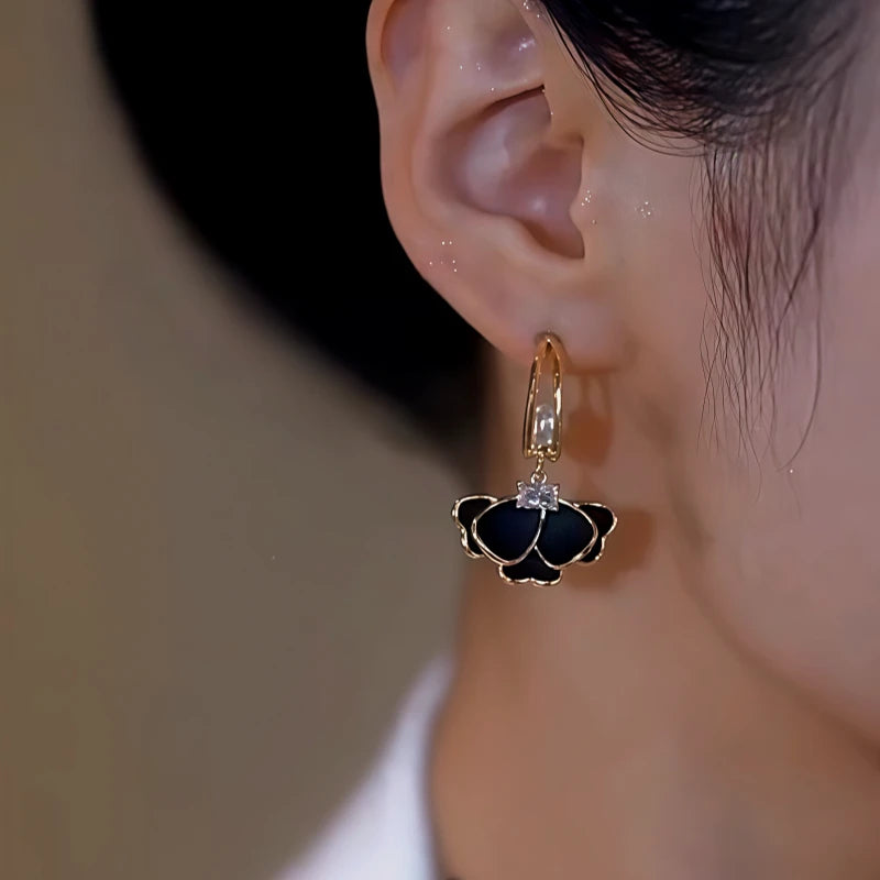 14K Gold-Plated Elegant Zircon Black Petal Earrings - elegant Black Petal Earrings