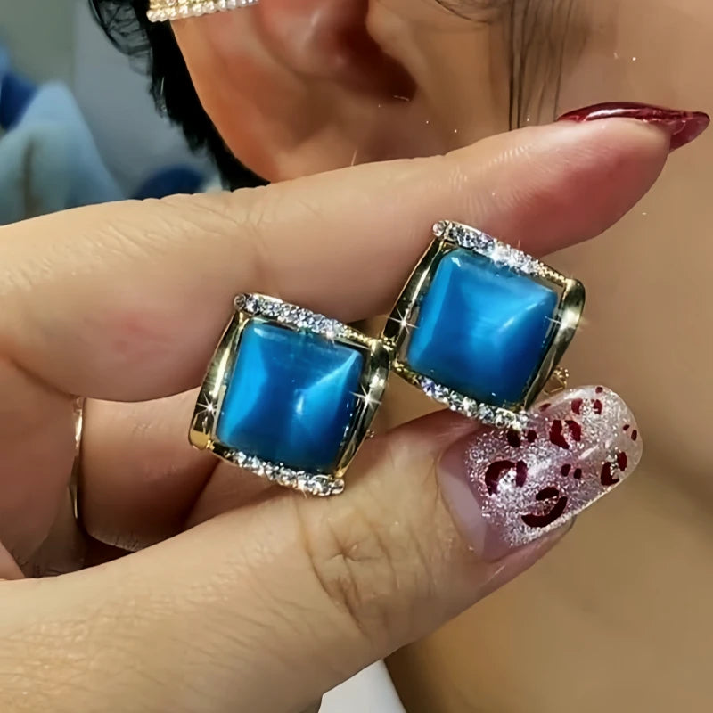 14K Gold-Plated Elegant Zircon Blue Cat's Eye Stone Stud Earrings - elegant Blue Cat's Eye Studs