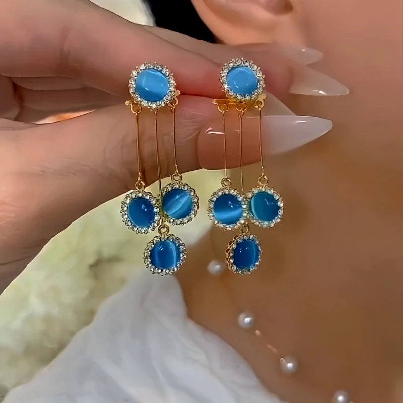 14K Gold-Plated Elegant Zircon Blue Cat's Eye Stone Tassel Earrings - elegant Cat's Eye Tassel Earrings