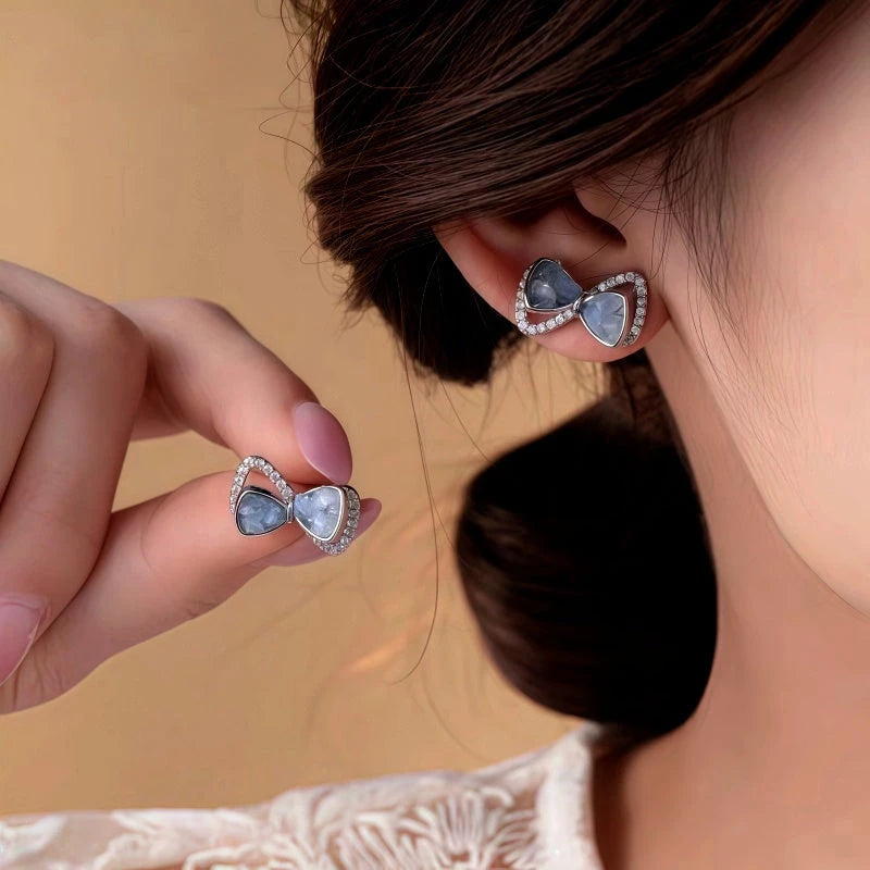 14K Gold-Plated Elegant Zircon Blue Crystal Bow Stud Earrings - elegant Blue Bow Studs