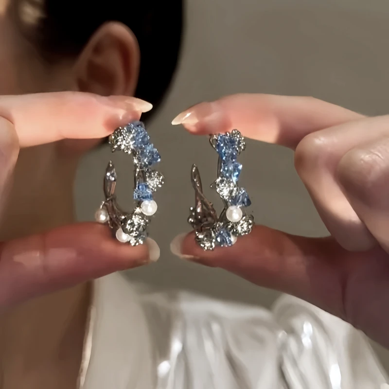 14K Gold-Plated Elegant Zircon Blue Crystal Hoop Earrings - elegant Blue Crystal Hoops