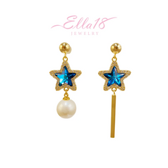 Angled view of the 14K Gold-Plated Elegant Zircon Blue Crystal Star Bead Tassel Earrings