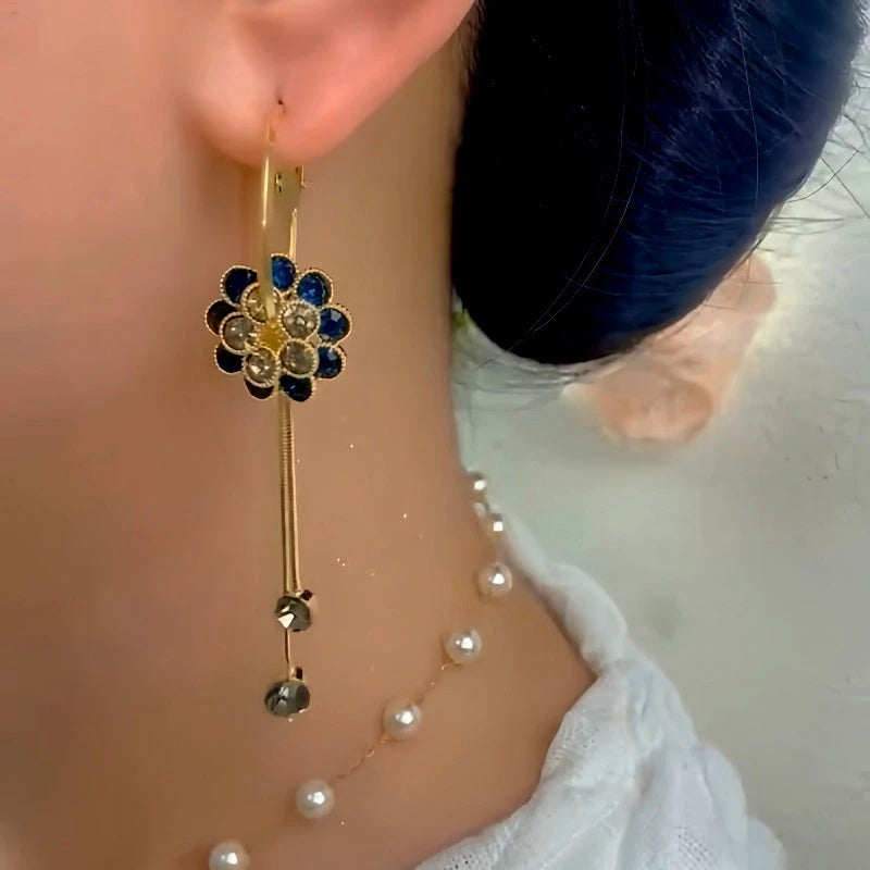 Close-up detail of the sparkling zircons and plating on the Flower Tassel Earrings