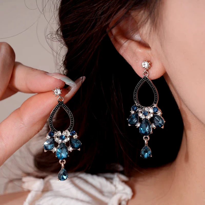14K Gold-Plated Elegant Zircon Blue Diamond Water Drop Tassel Earrings - elegant Blue Tassel Earrings