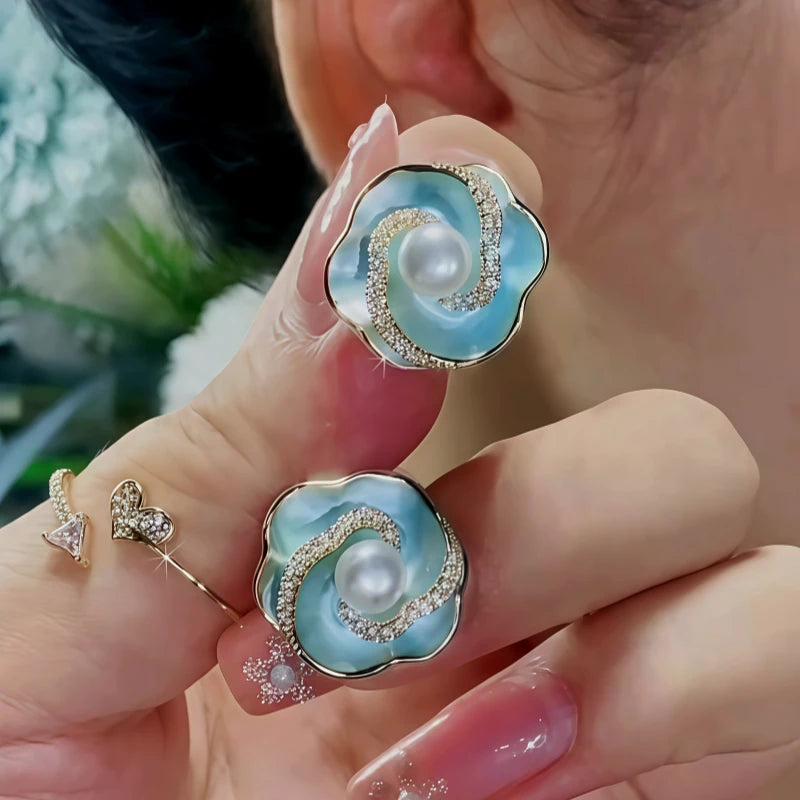 14K Gold-Plated Elegant Zircon Blue Flower Earrings - elegant Blue Flower Studs