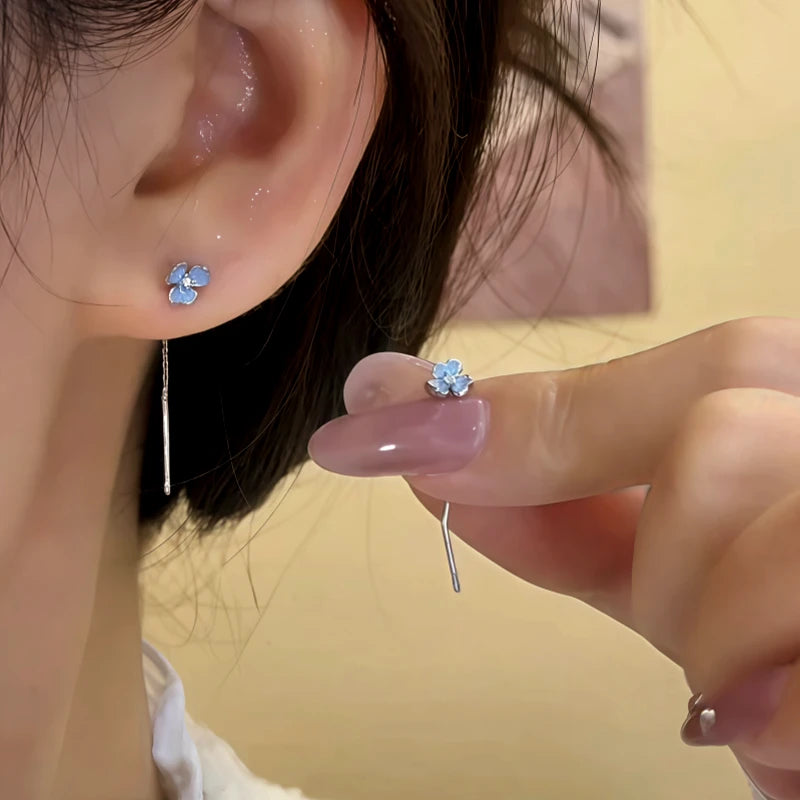 14K Gold-Plated Elegant Zircon Blue Iris Flower Threader Earrings - elegant Flower Threader Earrings