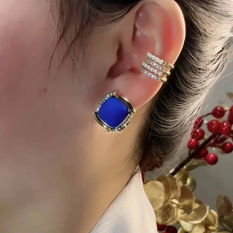 14K Gold-Plated Elegant Zircon Blue Square Stud Earrings - elegant Blue Square Studs