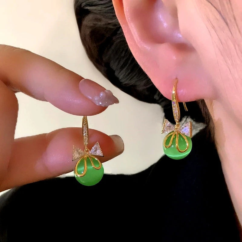 14K Gold-Plated Elegant Zircon Bow Bead Ear Hook Earrings - elegant Bow Ear Hooks