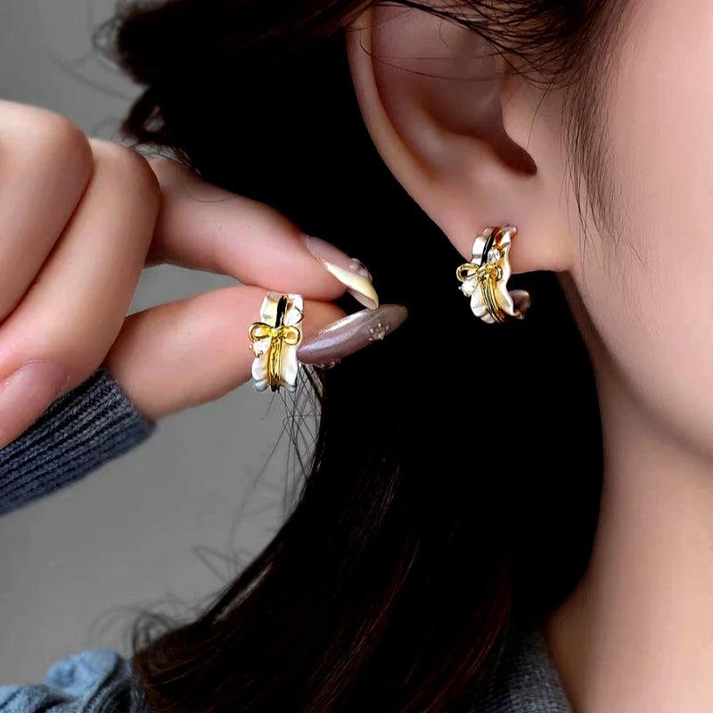 14K Gold-Plated Elegant Zircon Bow C-Shaped Earrings - elegant Bow Hoop Earrings