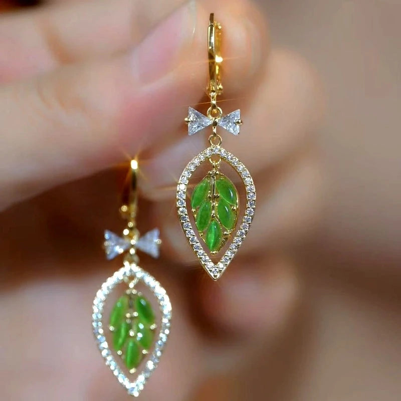 14K Gold-Plated Elegant Zircon Bow Green Leaf Earrings - elegant Green Leaf Earrings
