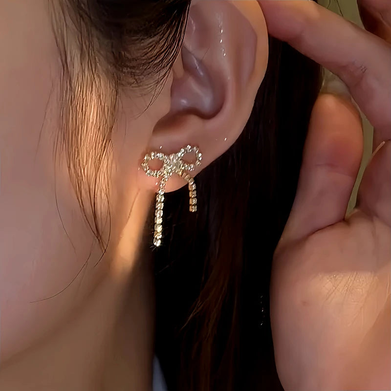 14K Gold-Plated Elegant Zircon Bow Pearl Earrings - elegant Bow Pearl Earrings