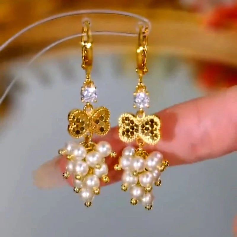 14K Gold-Plated Elegant Zircon Bow Pearl Tassel Earrings - elegant Pearl Tassel Earrings