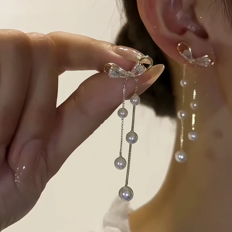 14K Gold-Plated Elegant Zircon Bow Pearl Tassel Earrings - elegant Pearl Tassel Earrings