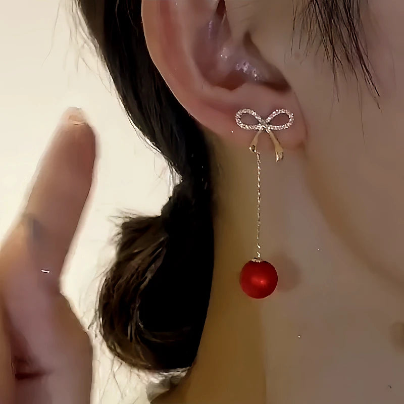 14K Gold-Plated Elegant Zircon Bow Red Pearl Tassel Earrings - elegant Red Pearl Earrings