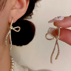 14K Gold-Plated Elegant Zircon Bow Tassel Earrings - elegant Bow Tassel Earrings