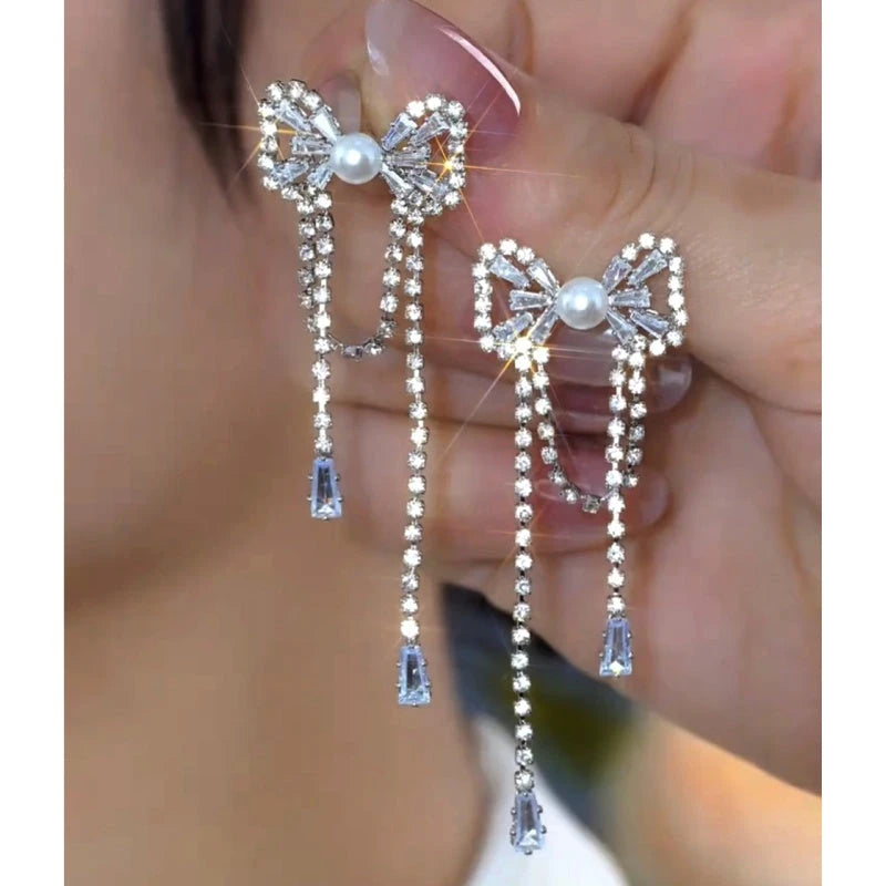 14K Gold-Plated Elegant Zircon Bow Tassel Earrings - elegant Bow Tassel Earrings