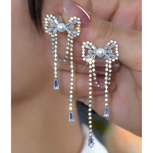 14K Gold-Plated Elegant Zircon Bow Tassel Earrings - elegant Bow Tassel Earrings